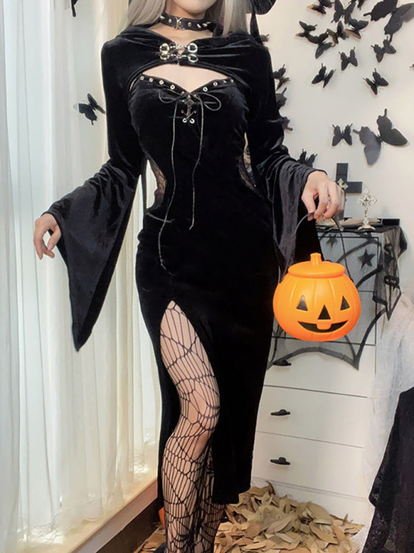 Cosplay Morticia Addams maniche svasate con cappuccio - AL Valley Bazar