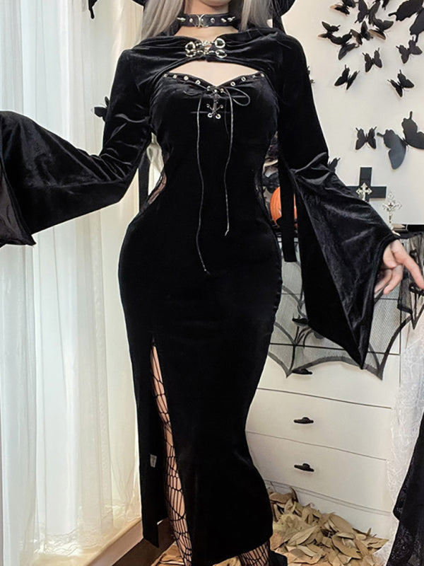 Cosplay Morticia Addams maniche svasate con cappuccio - AL Valley Bazar